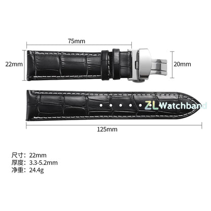 Leather Watch Band with Butterfly Buckle 12mm–24mm Replacement Strap