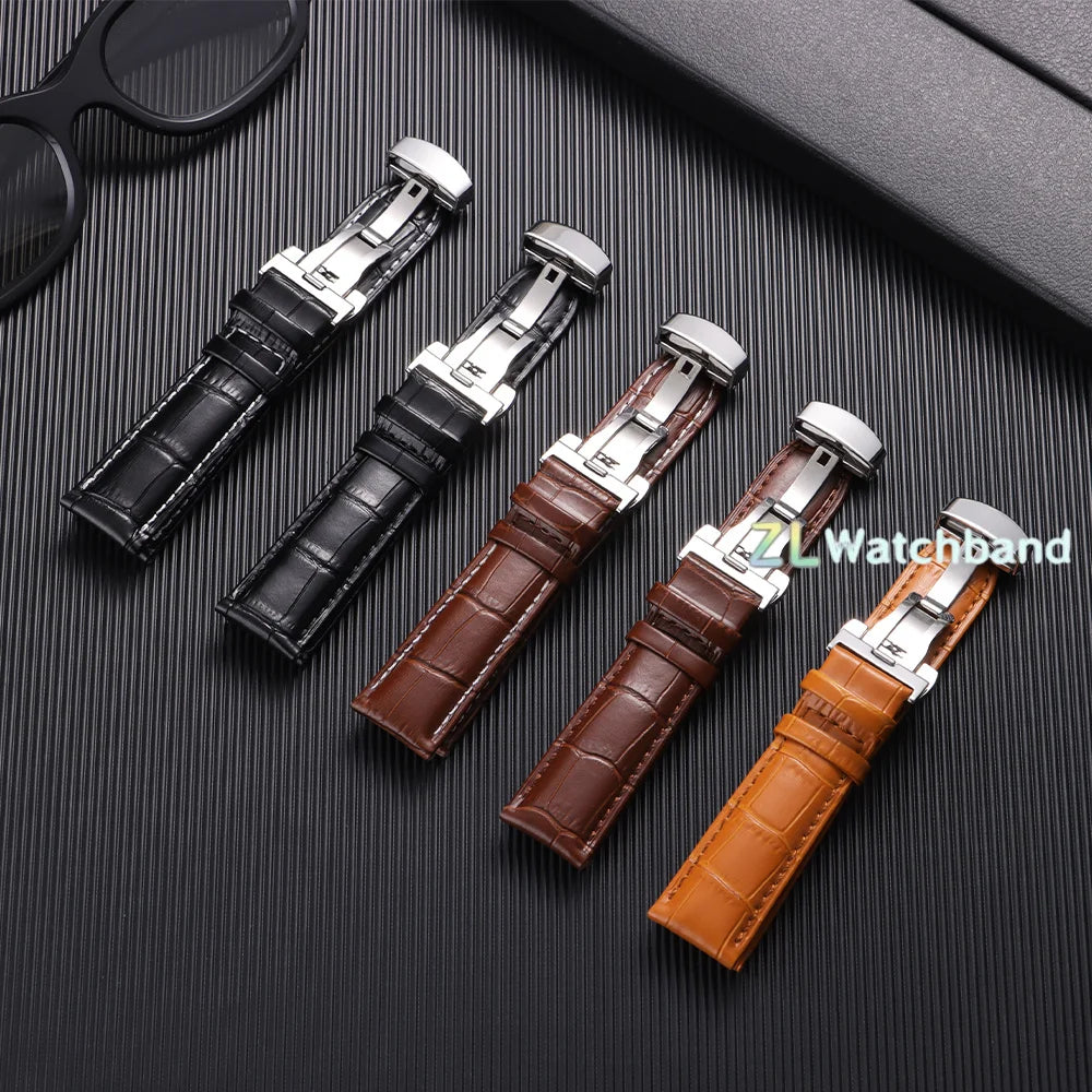 Leather Watch Band with Butterfly Buckle 12mm–24mm Replacement Strap
