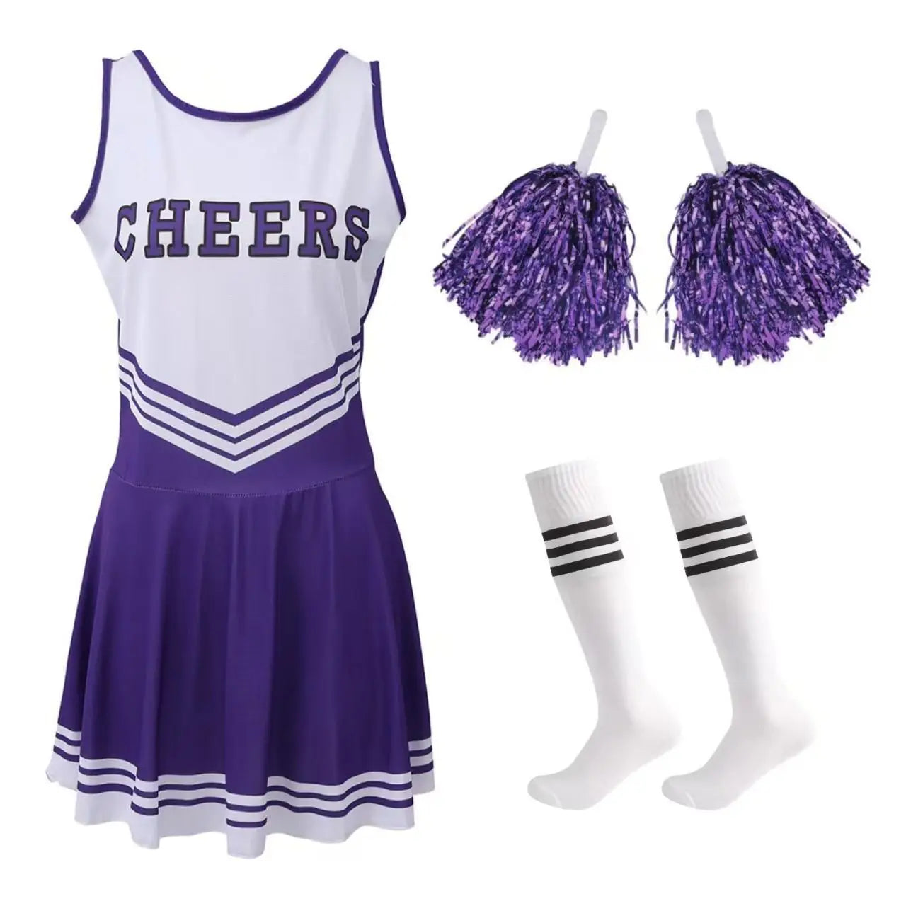Women’s Cheerleading Costume with Crop Top, Skirt and Pom-Poms