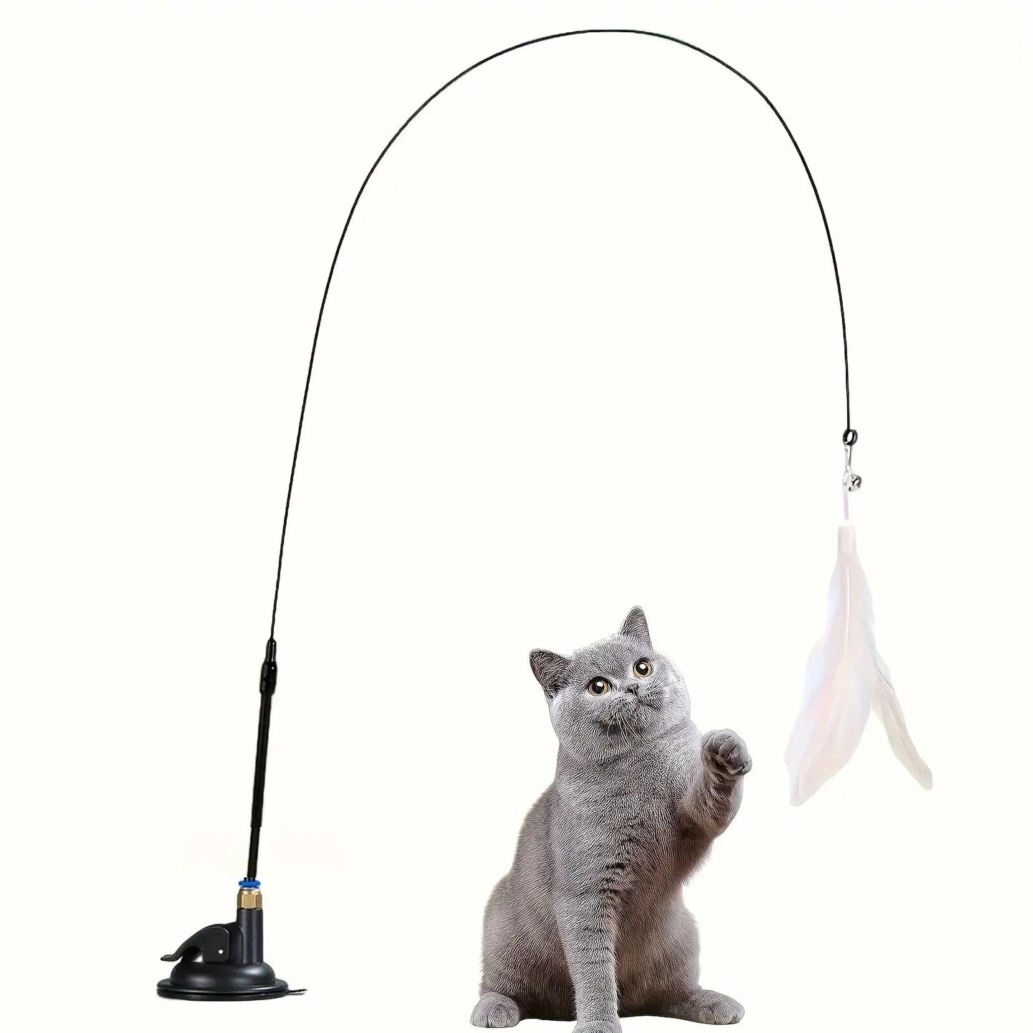 Cat Teaser Wand Toy with Feather & Bell Suction Cup Interactive Play