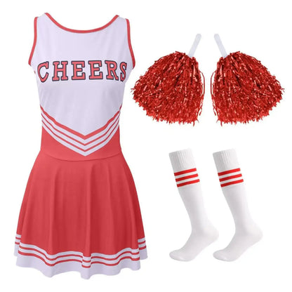 Women’s Cheerleading Costume with Crop Top, Skirt and Pom-Poms