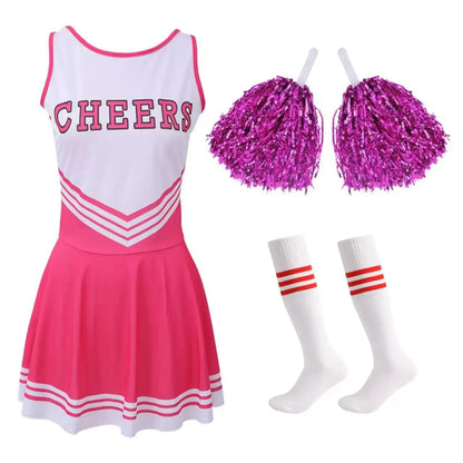 Women’s Cheerleading Costume with Crop Top, Skirt and Pom-Poms