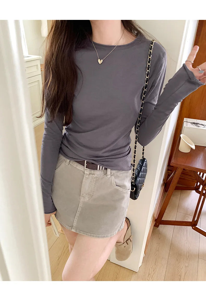 Women's Long Sleeve T-Shirt Casual Slim Fit Crew Neck Top