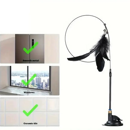Cat Teaser Wand Toy with Feather & Bell Suction Cup Interactive Play