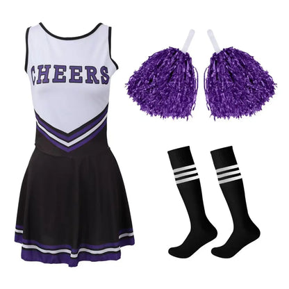 Women’s Cheerleading Costume with Crop Top, Skirt and Pom-Poms