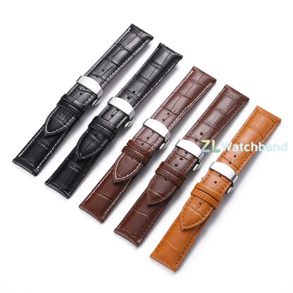 Leather Watch Band with Butterfly Buckle 12mm–24mm Replacement Strap