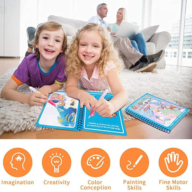 Magic Water Drawing Book Reusable Mess-Free Coloring Book for Kids
