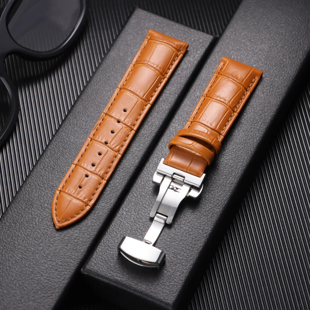 Leather Watch Band with Butterfly Buckle 12mm–24mm Replacement Strap