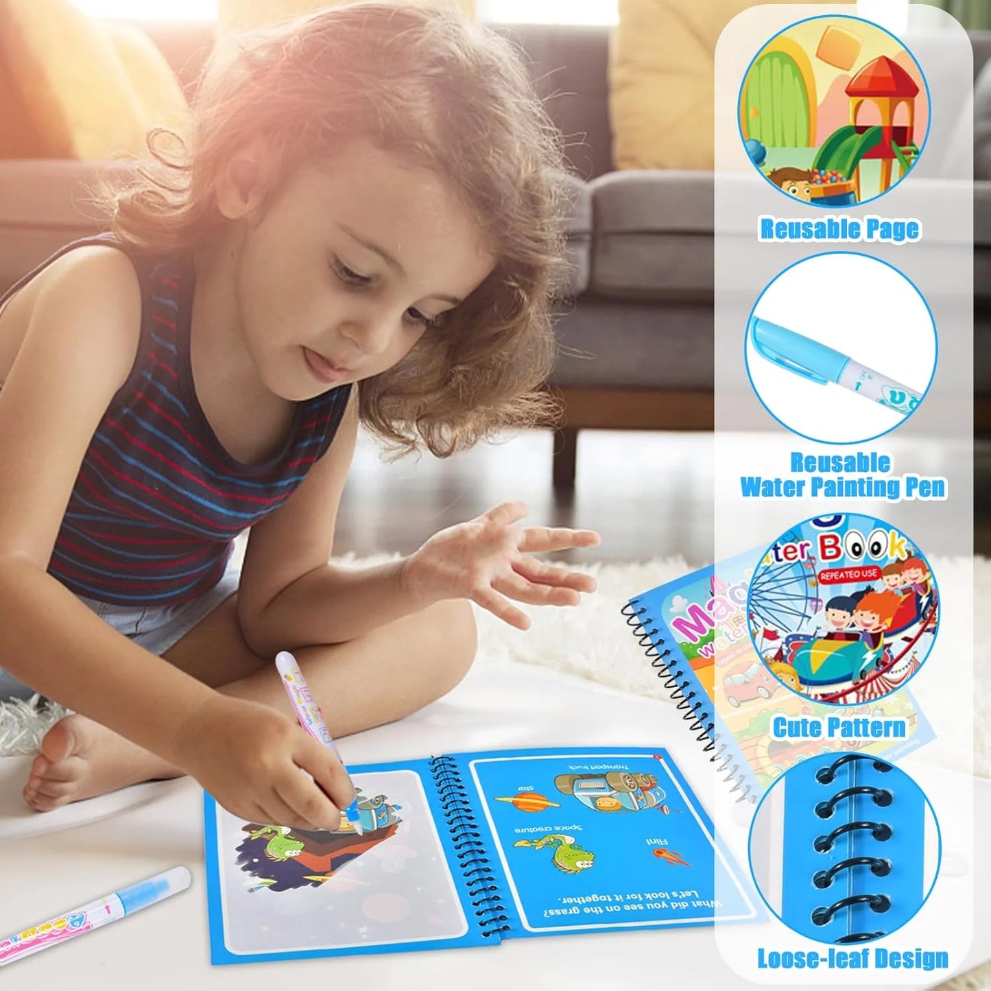 Magic Water Drawing Book Reusable Mess Free Coloring Book for Kids