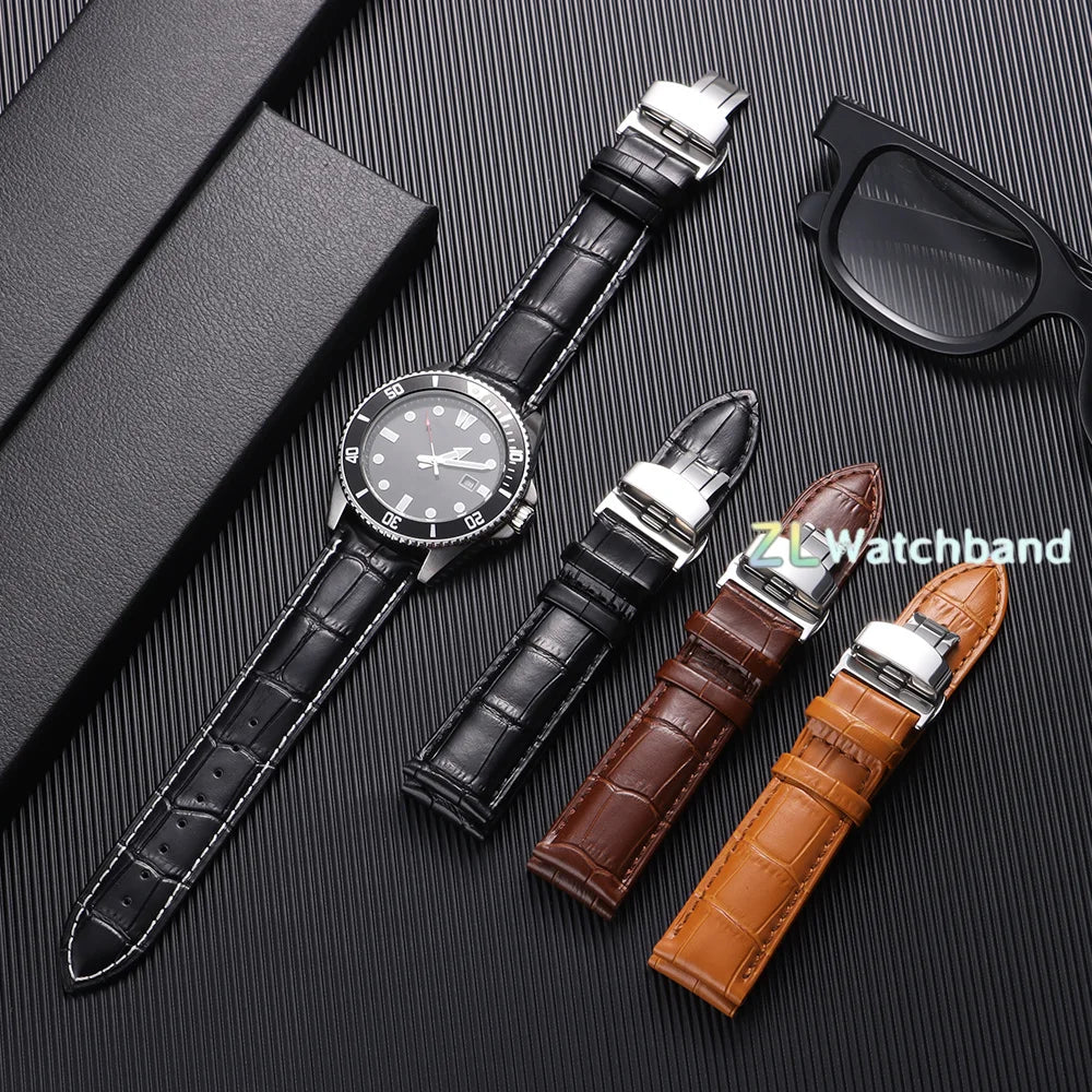 Leather Watch Band with Butterfly Buckle 12mm–24mm Replacement Strap