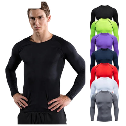 Man wearing a black long-sleeve compression shirt with color options displayed on the right.