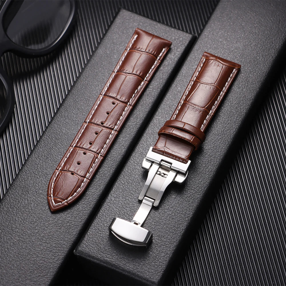 Leather Watch Band with Butterfly Buckle 12mm–24mm Replacement Strap
