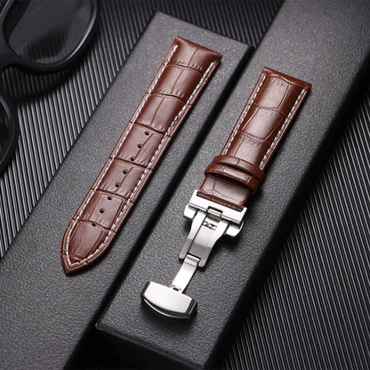 Leather Watch Band with Butterfly Buckle 12mm–24mm Replacement Strap