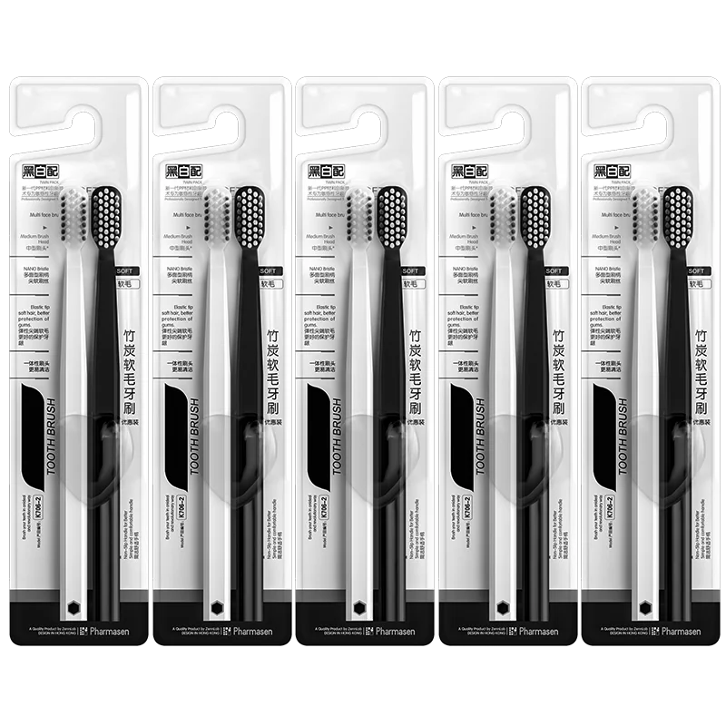 Soft Bristle Toothbrush Set 10 Pack Bamboo Charcoal for Adults